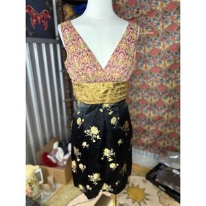 Phoebe Couture Mixed Print Cocktail Dress Black Gold Floral Paisley Satin Size 4